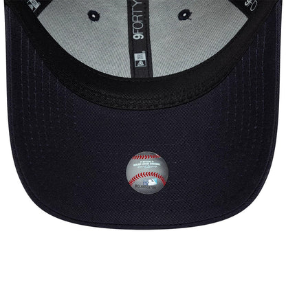 Detroit Tigers MLB Team Outline Navy New Era 9FORTY Adjustable Cap, inside view showing the grey taping along the centre, black sweatband surrounding the interior, and a round MLB Authentic Collection sticker on the undervisor.