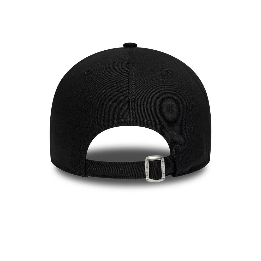 Chicago Bulls NBA Team Outline Black New Era 9FORTY Adjustable Cap, rear view showing the open back design with a black fabric strap and buckle, black embroidered eyelets, and a curved black crown emphasising the cap's silhouette.