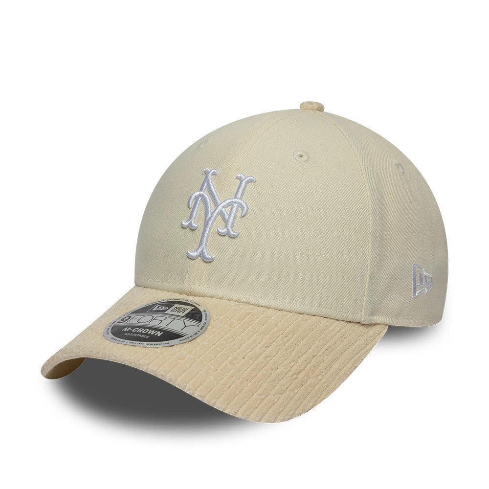 New York Mets MLB Cord Visor Light Beige New Era 9FORTY M-Crown Adjustable Cap, three-quarter view showing the front panel with raised white NY logo embroidery, ribbed corduroy light beige visor, and a 9FORTY size sticker on the top.