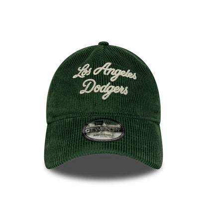 Pictured is this MLB Cord Script LA Dodgers 9TWENTY A-Frame cap in dark green. 2