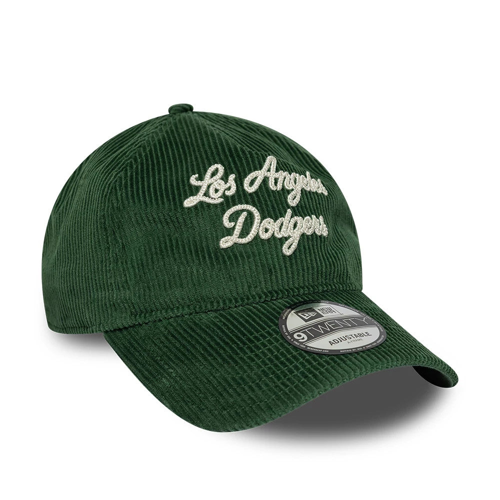 Pictured is this MLB Cord Script LA Dodgers 9TWENTY A-Frame cap in dark green. 3