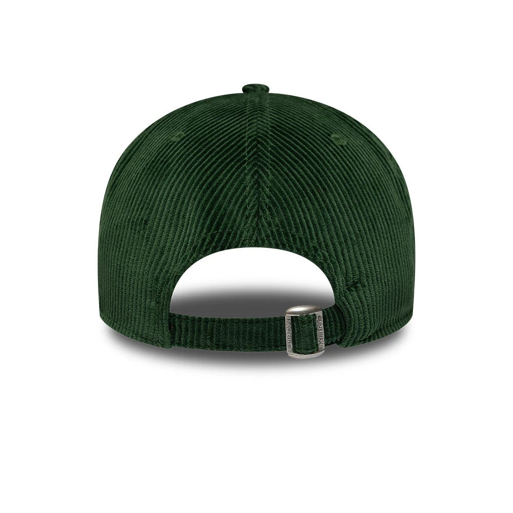 LA Dodgers MLB Cord Script Dark Green New Era 9TWENTY A-Frame Adjustable Cap, rear view showing the buckle closure on the adjustable strap, a structured corduroy crown, and the absence of a back logo, highlighting the deep green fabric texture.