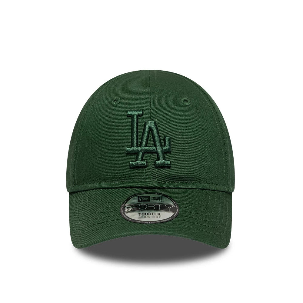 LA Dodgers Toddler MLB League Essential Dark Green New Era 9FORTY Adjustable Cap, front view showing the dark green raised embroidered LA logo on the front panel, a matching dark green curved visor and a 9FORTY size sticker on the visor.