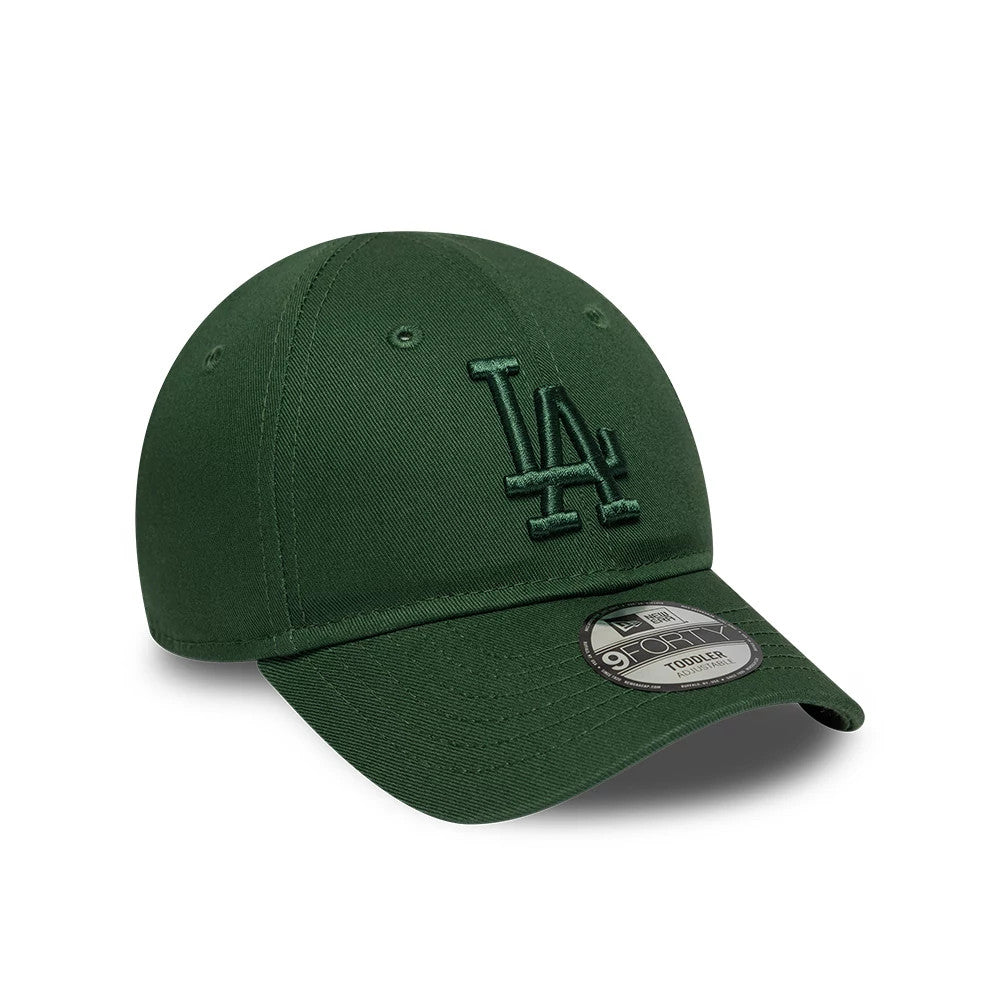 LA Dodgers Toddler MLB League Essential Dark Green New Era 9FORTY Adjustable Cap, three-quarter view showing the matching dark green embroidered LA logo on the front panel, curved visor with a 9FORTY size sticker, and eyelets.