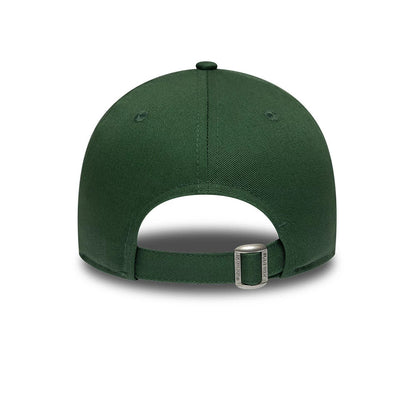 New York Yankees Youth MLB Metallic Dark Green New Era 9FORTY Adjustable Cap, rear view showing the buckle on the adjustable strap, a stitched centre seam, and embroidered eyelets on the dark green structured crown.