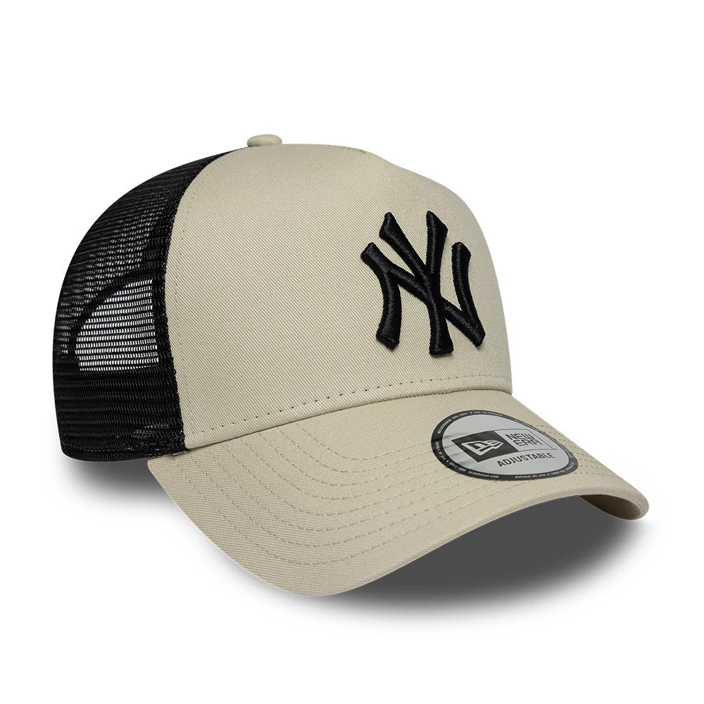 Pictured is this MLB League Essential New York Yankees 9FORTY A-Frame Trucker cap in light beige. 3