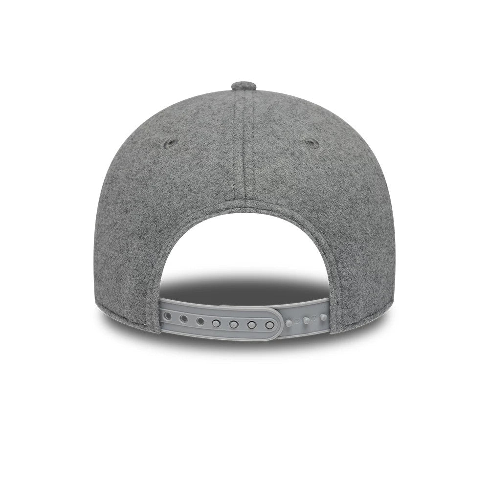 Chicago White Sox MLB Winter Grey New Era 9FORTY Adjustable Cap, rear view showing a structured grey crown with an open adjustable grey strap at the back, two grey embroidered eyelets, and a top button.