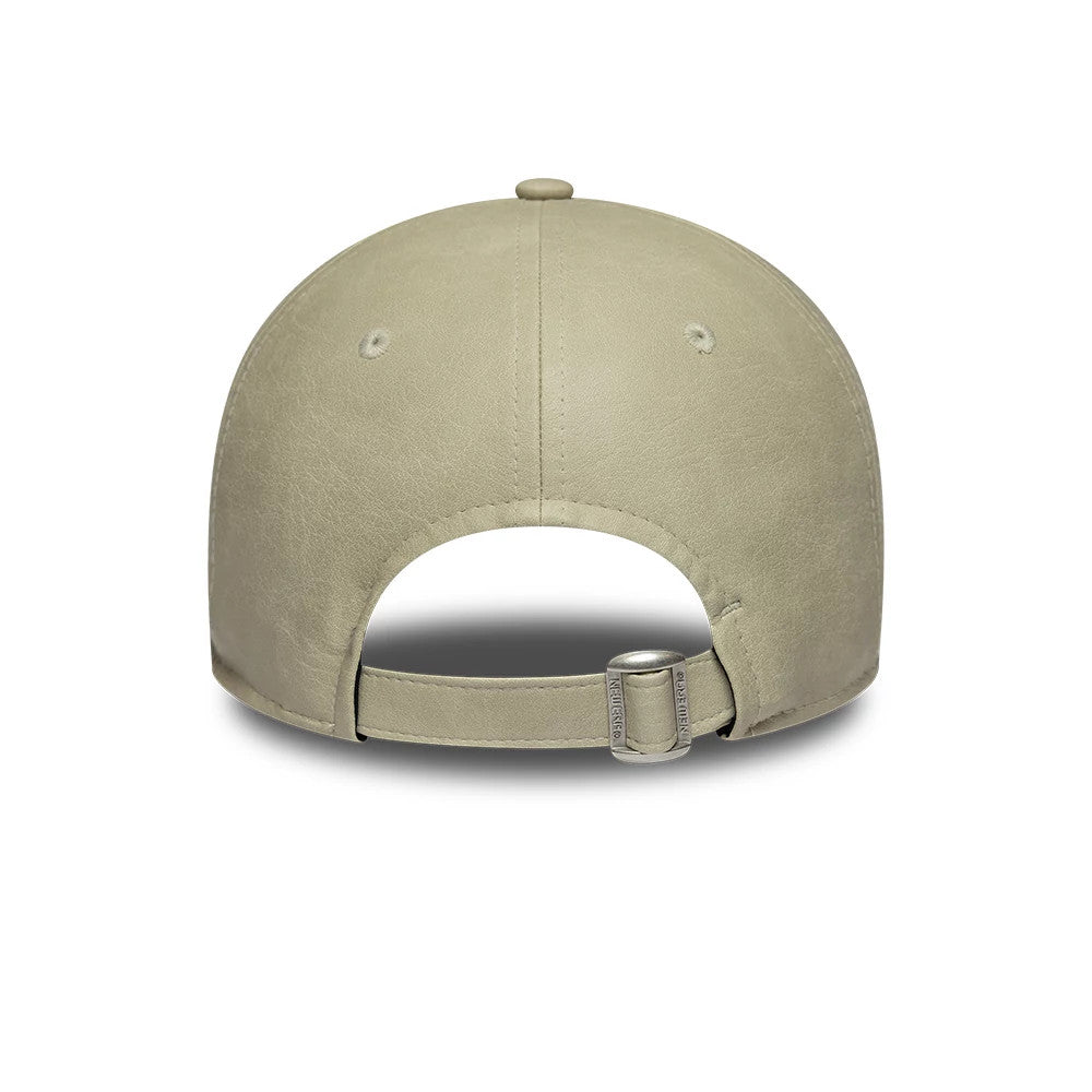 LA Dodgers Womens MLB Washed PU Light Beige New Era 9TWENTY Adjustable Cap, rear view showing a light beige crown with a curved panel structure, a matching adjustable strap with clasp, and two embroidered eyelets on the side panels.