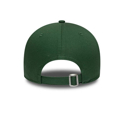 LA Dodgers MLB Team Outline Dark Green New Era 9FORTY Adjustable Cap, rear view showing a curved dark green visor and a fabric strap with a clasp for size adjustment, featuring a streamlined structured crown without additional embroidery.