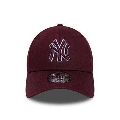New York Yankees MLB Team Outline Dark Purple New Era 9FORTY Adjustable Cap, front view showing the raised white and purple embroidered NY logo on the front panel, with a matching dark purple curved visor and the 9FORTY size sticker on top.