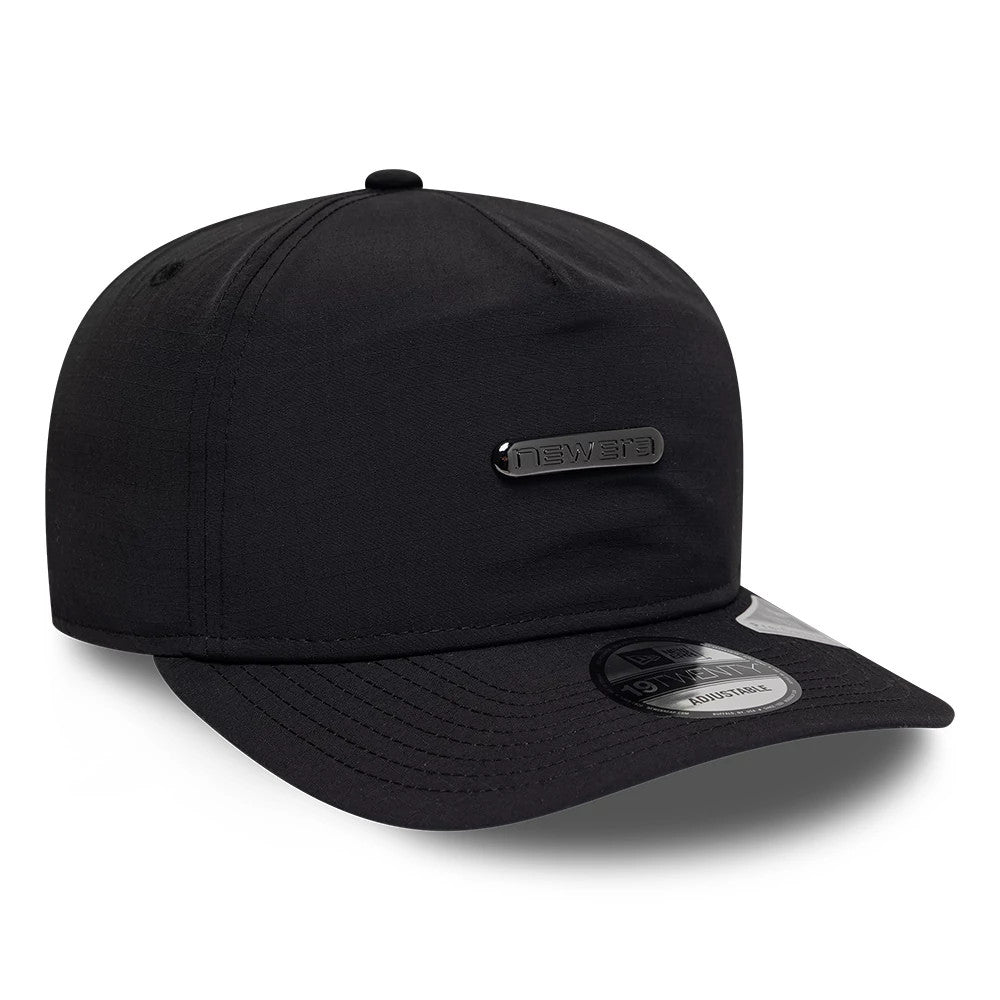 New Era Ripstop Sport Black New Era 19TWENTY Adjustable Cap, three-quarter view showing the New Era logo badge on the front panel, stitched eyelets on the structured black crown, and a 19TWENTY size sticker on the black curved visor.