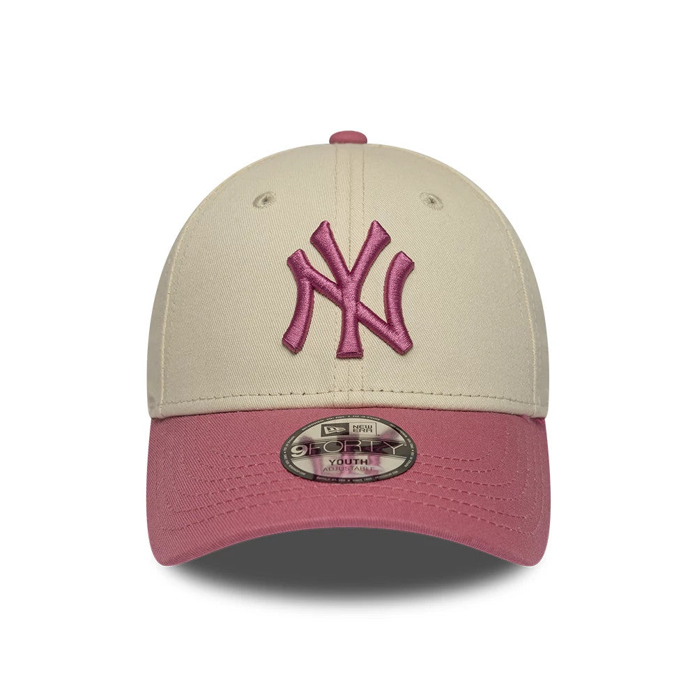 Pictured is this Youth MLB League Essential New York Yankees 9FORTY cap in light beige & pink. 2