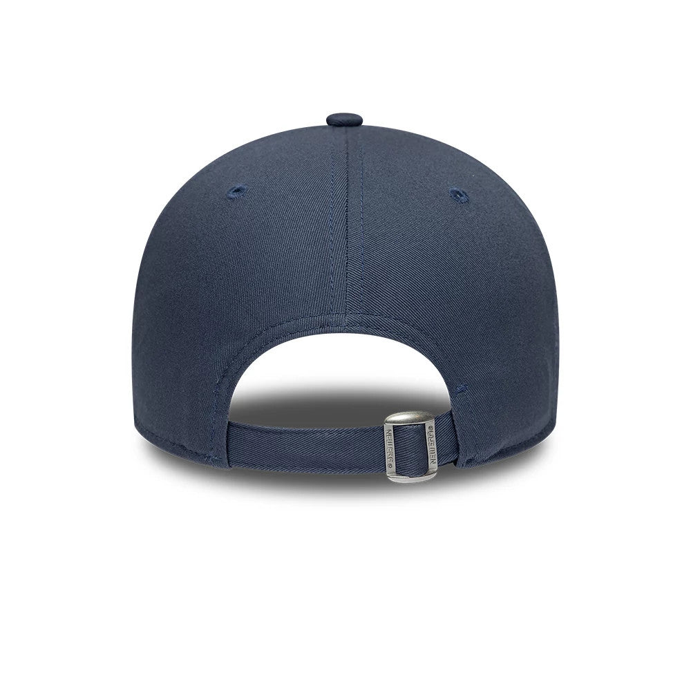 LA Lakers NBA Team Outline Dark Blue New Era 9FORTY Adjustable Cap, rear view showing the adjustable strap with buckle in dark blue, the absence of a rear logo on the structured crown, and matching embroidered eyelets.