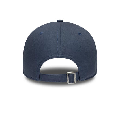 LA Lakers NBA Team Outline Dark Blue New Era 9FORTY Adjustable Cap, rear view showing the adjustable strap with buckle in dark blue, the absence of a rear logo on the structured crown, and matching embroidered eyelets.