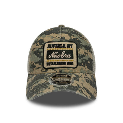 Pictured is this New Era Camo 9FORTY M-Crown A-Frame Trucker cap in woodland camo. 2