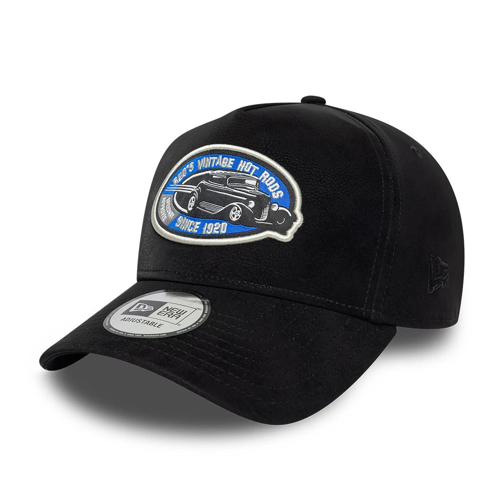 Pictured is this New Era Moto Patch PU 9FORTY E-Frame cap in black. 1