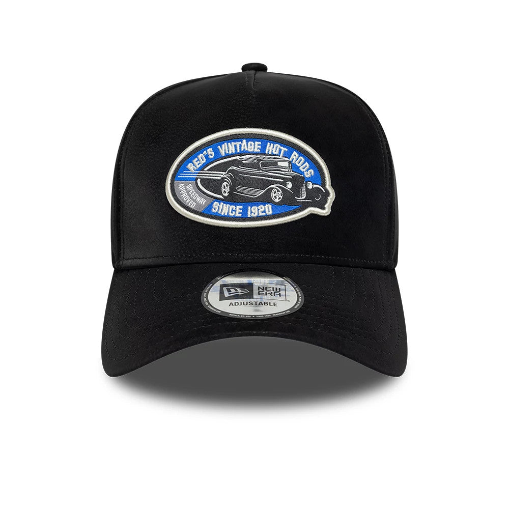 Pictured is this New Era Moto Patch PU 9FORTY E-Frame cap in black. 2
