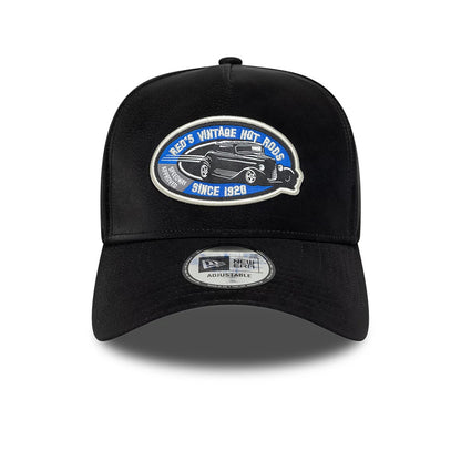 Pictured is this New Era Moto Patch PU 9FORTY E-Frame cap in black. 2