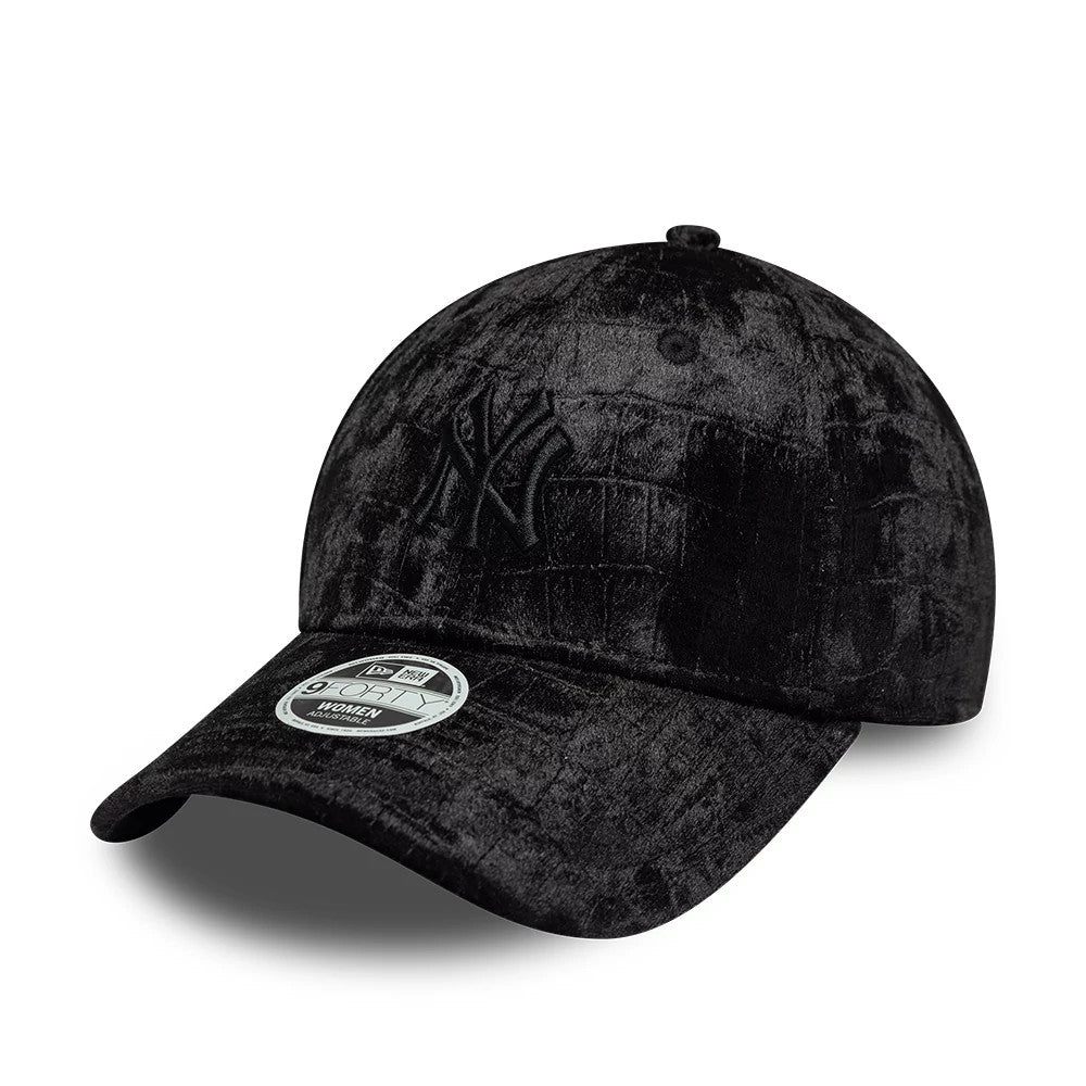 Pictured is this Womens MLB Patterned Velour New York Yankees 9FORTY cap in black. 1