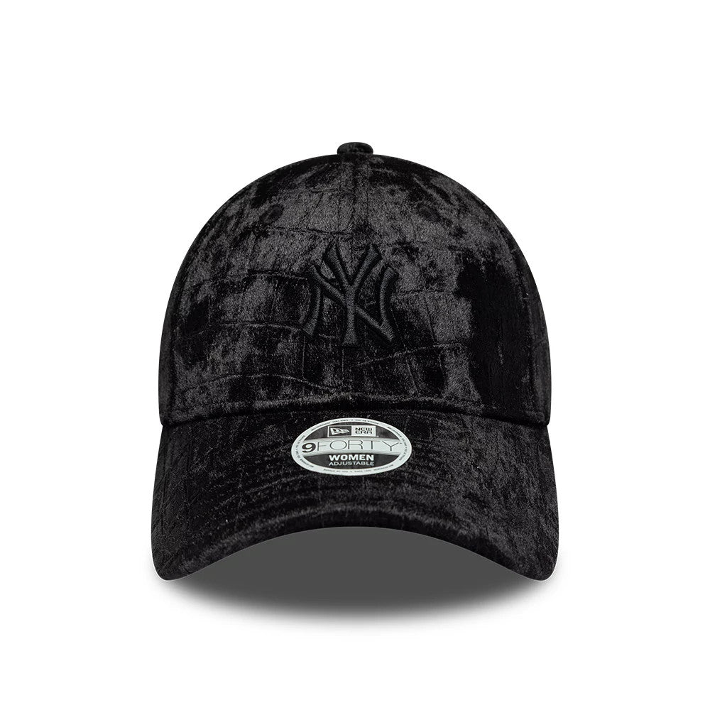 Pictured is this Womens MLB Patterned Velour New York Yankees 9FORTY cap in black. 2
