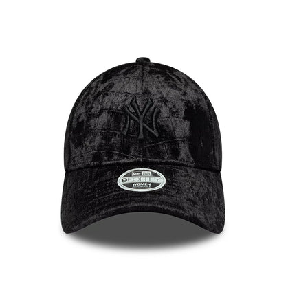 Pictured is this Womens MLB Patterned Velour New York Yankees 9FORTY cap in black. 2