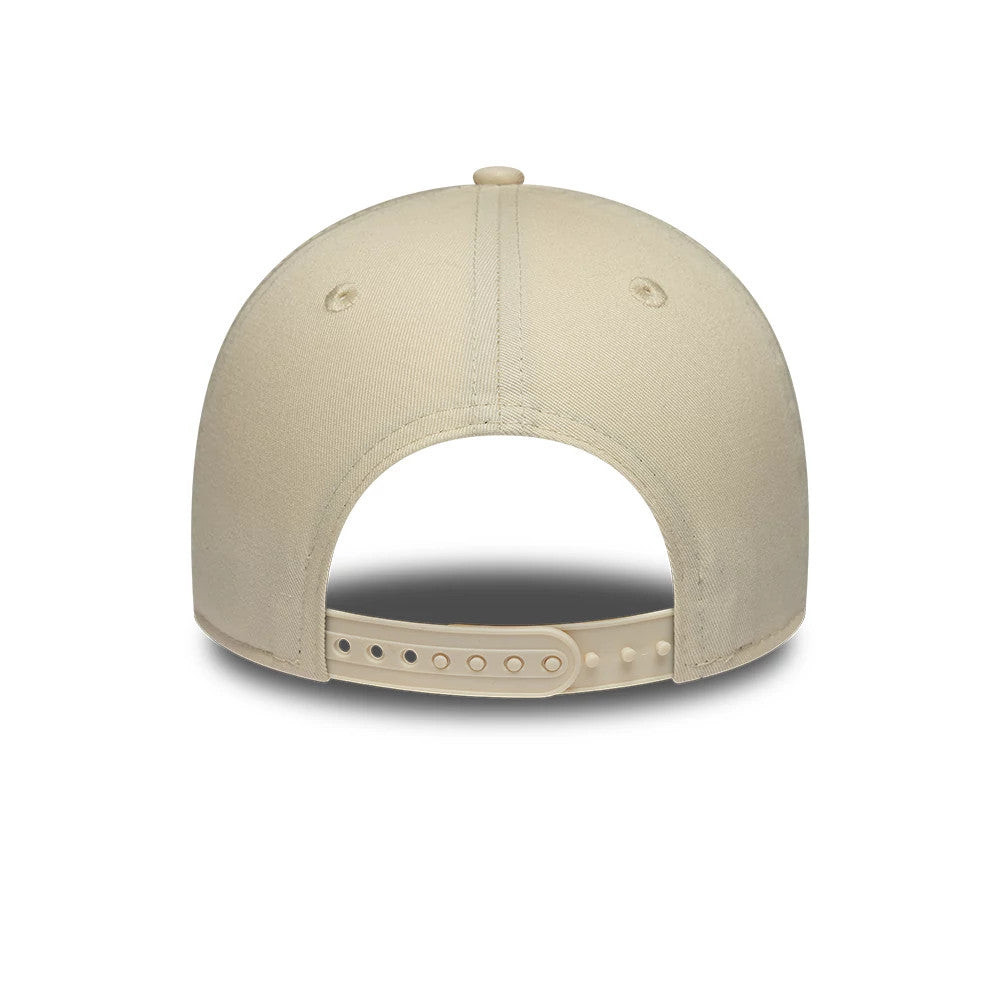 New York Yankees Womens MLB Rose Sequin Light Beige New Era 9FORTY Adjustable Cap, rear view showing the light beige structured crown and top button, plus beige adjustable snap closure and embroidered eyelets on each side.