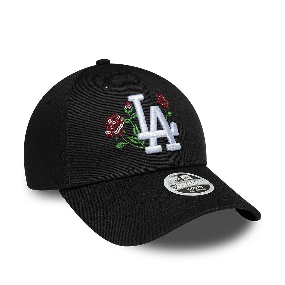 LA Dodgers Womens MLB Rose Sequin Black New Era 9FORTY Adjustable Cap, front view showing white LA logo with red sequin roses on the black structured crown, curved black visor with 9FORTY size sticker on the top, and matching black top button.