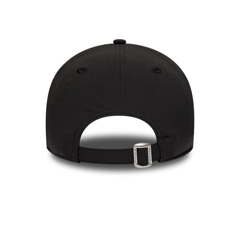 New York Yankees MLB Ripstop Black New Era 9TWENTY Adjustable Cap, rear view showing the black ripstop fabric with a buckle clasp on the adjustable strap, featuring black embroidered eyelets and a matching top button.