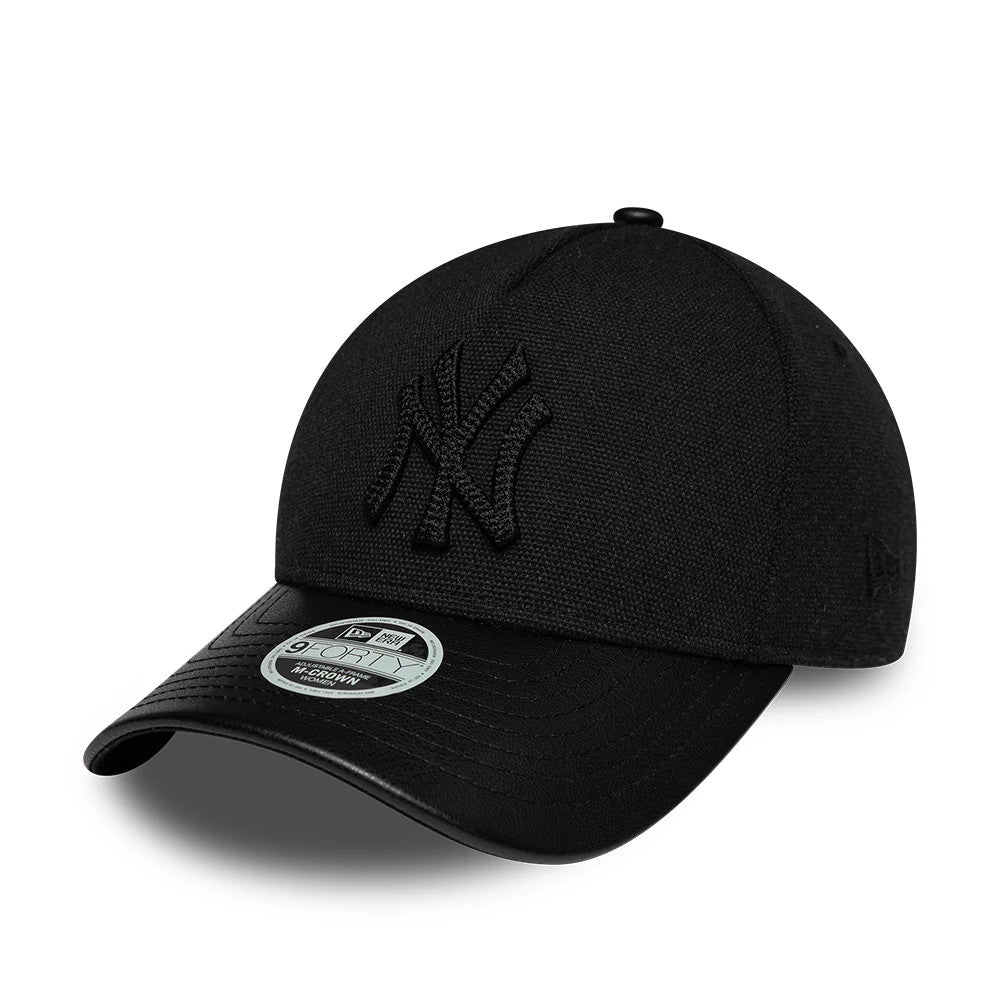 Pictured is this Womens MLB Fabric Mix New York Yankees 9FORTY M-Crown A-Frame cap in black. 1