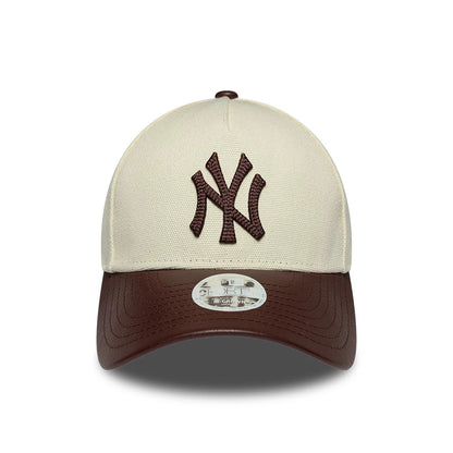 Pictured is this Womens MLB Fabric Mix New York Yankees 9FORTY M-Crown A-Frame cap in light beige & brown. 2
