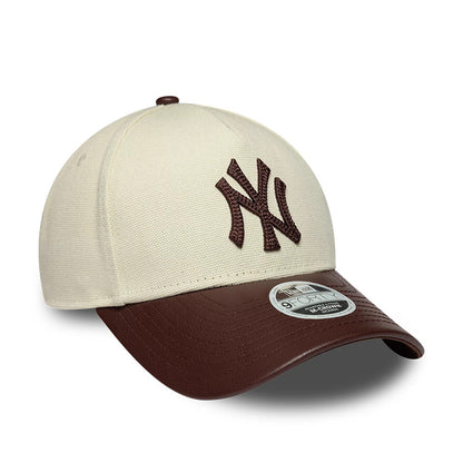 Pictured is this Womens MLB Fabric Mix New York Yankees 9FORTY M-Crown A-Frame cap in light beige & brown. 3