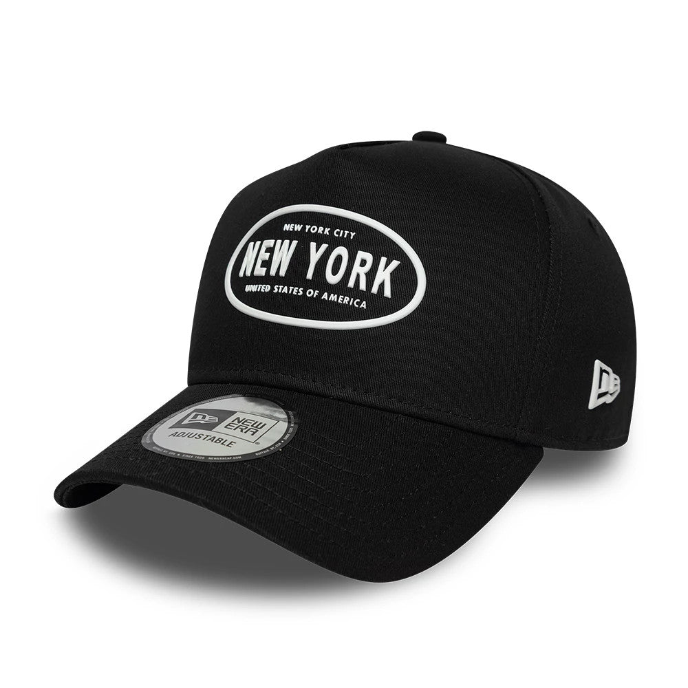 Pictured is this New Era Rubber Logo 9FORTY E-Frame cap in black. 1