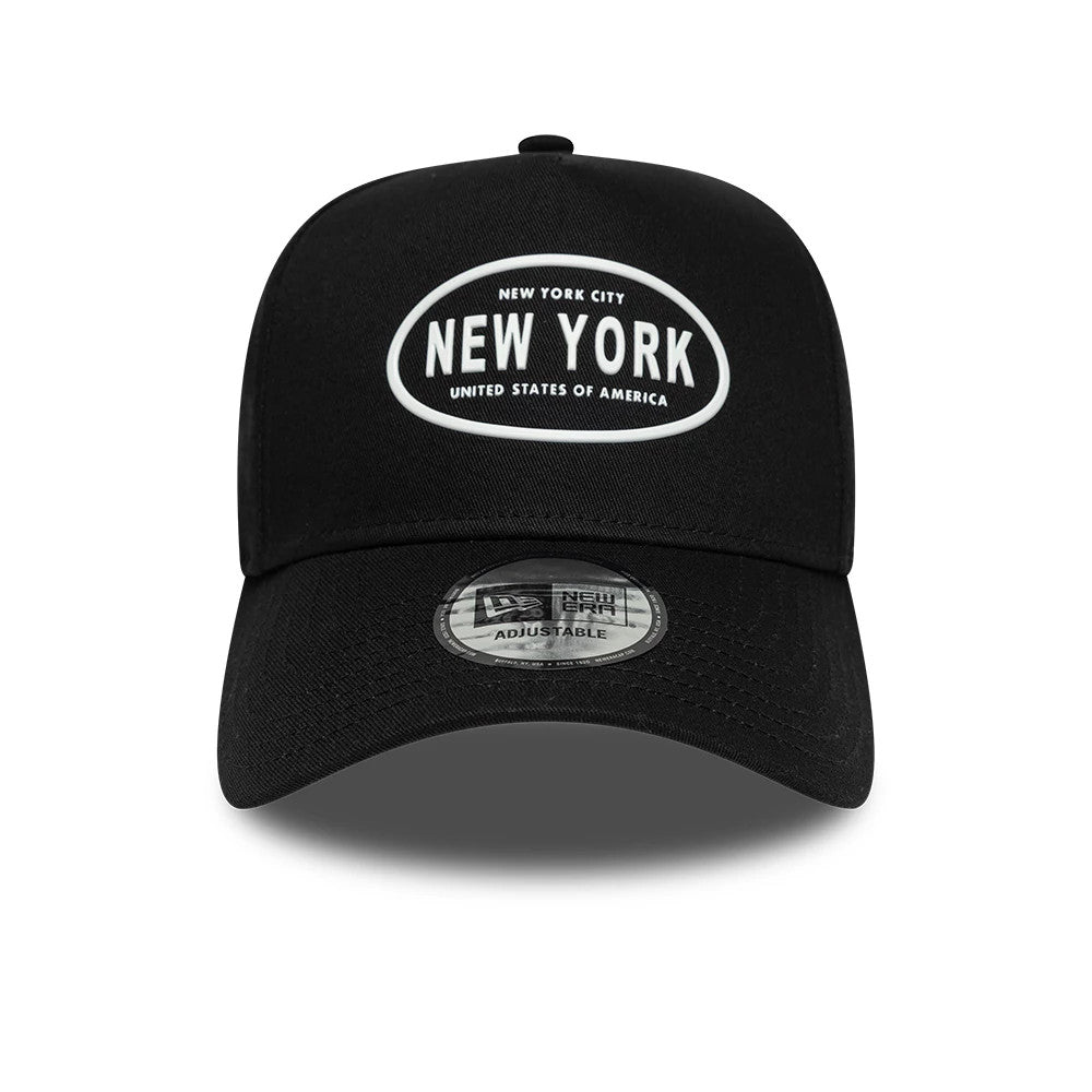 Pictured is this New Era Rubber Logo 9FORTY E-Frame cap in black. 2