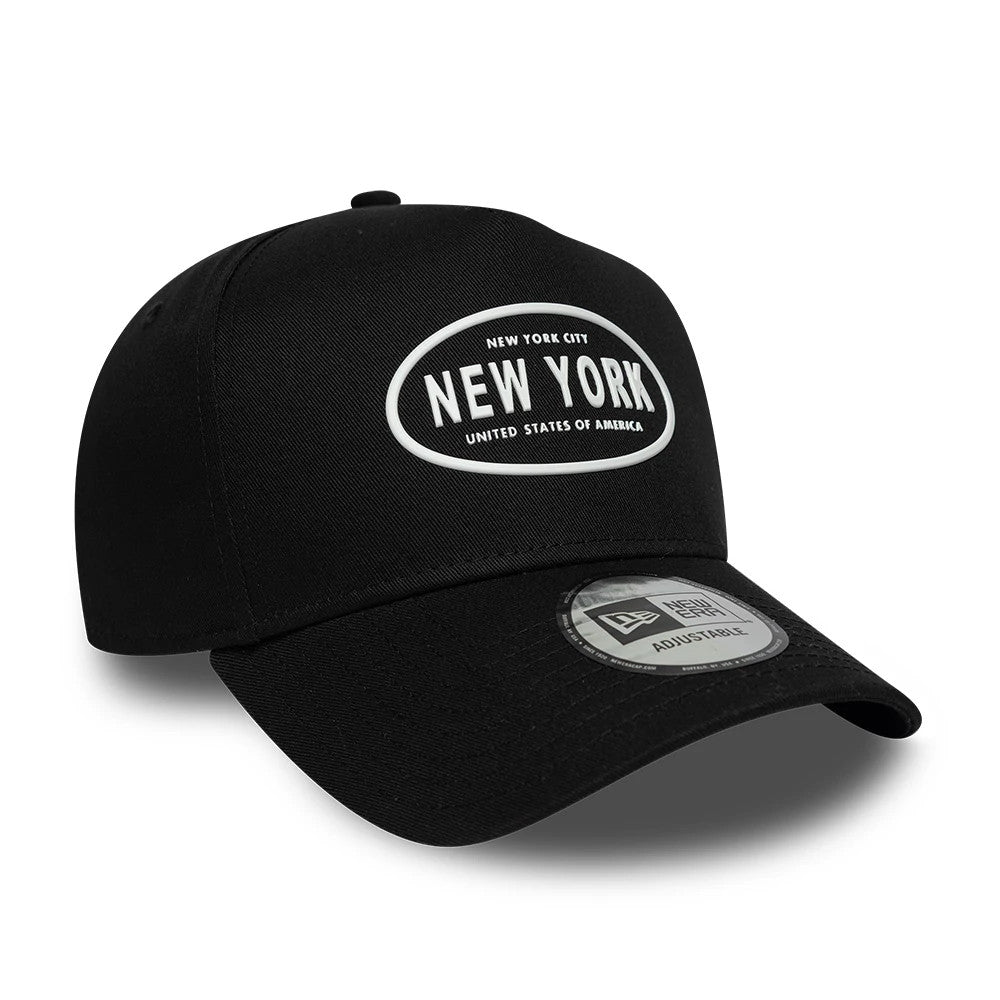 New Era Rubber Logo Black New Era 9FORTY E-Frame Adjustable Cap, three-quarter view showing the black structured crown with a raised oval black and white New York logo on the front panel and 9FORTY size sticker on the curved visor.