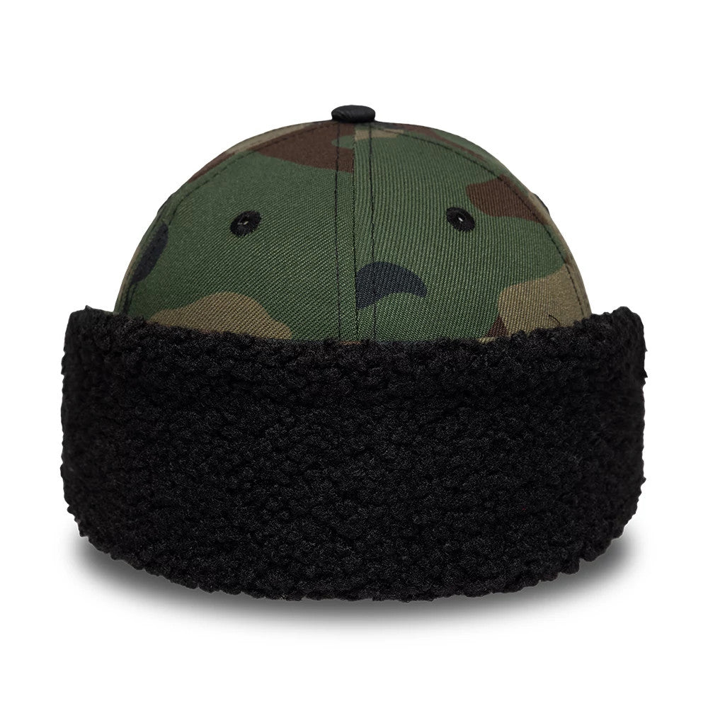 Pictured is this MLB Camo New York Yankees 39THIRTY Downflap Stretch Fit cap in black. 7