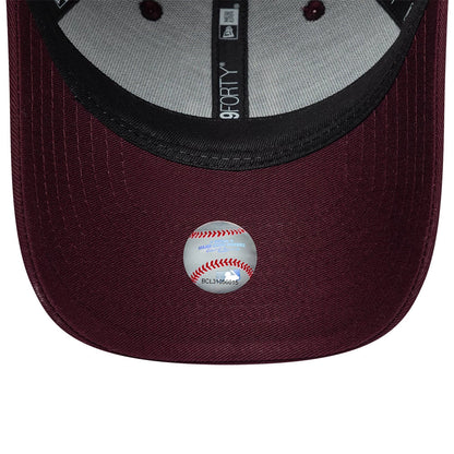 LA Dodgers Youth MLB Metallic Dark Purple New Era 9FORTY Adjustable Cap, inside view showing the grey sweatband, black New Era taping with '9FORTY' branding, and a silver baseball sticker on the dark purple undervisor.