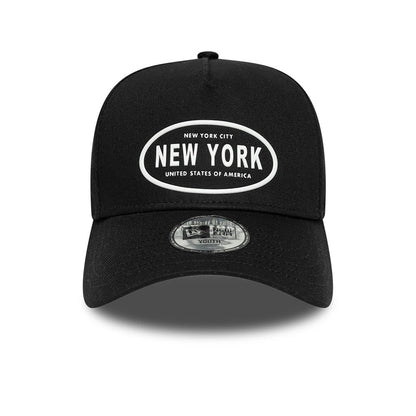 Youth New Era Rubber Black 9FORTY E-Frame Adjustable Cap, front view showing white embroidered text in an oval on the front panel reading New York City and United States of America, with a 9FORTY size sticker on the black curved visor.