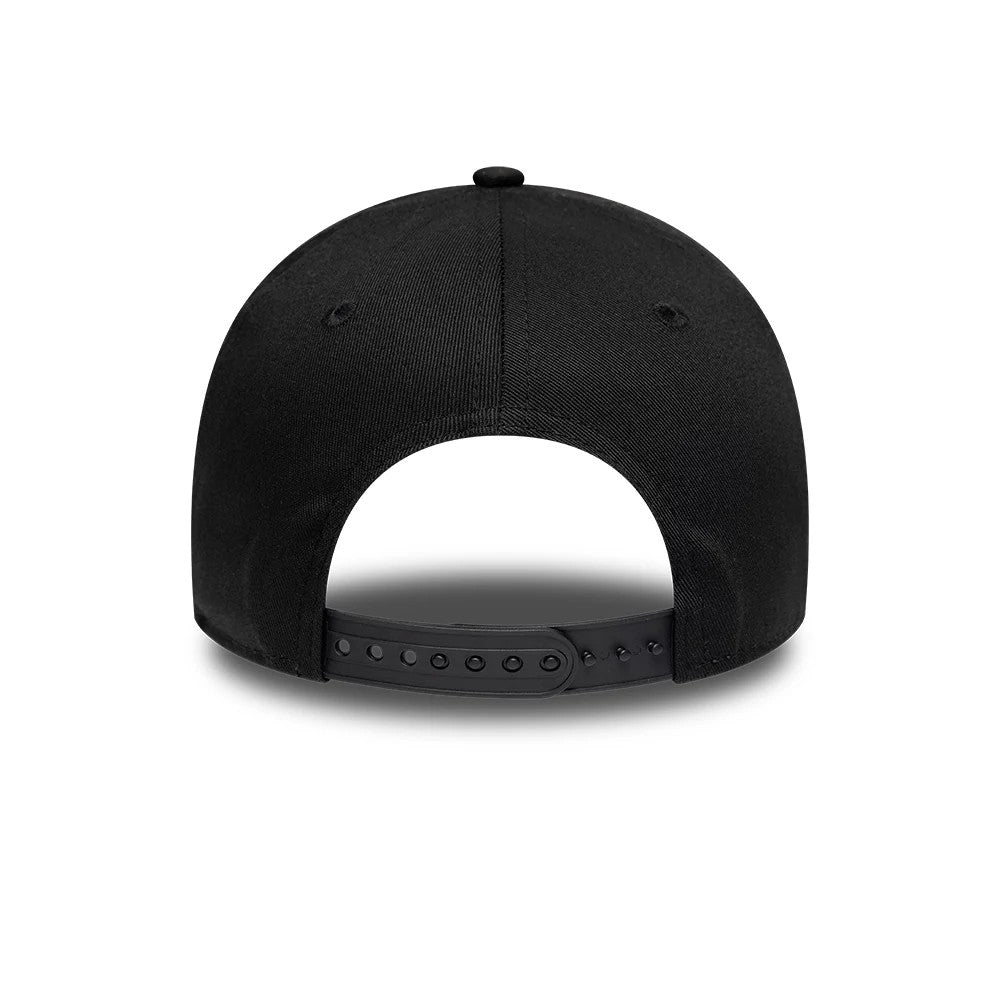 Youth New Era Rubber Black 9FORTY E-Frame Adjustable Cap, rear view showing a curved black visor extending from a structured black crown, with embroidered eyelets and an adjustable black snap closure at the back.