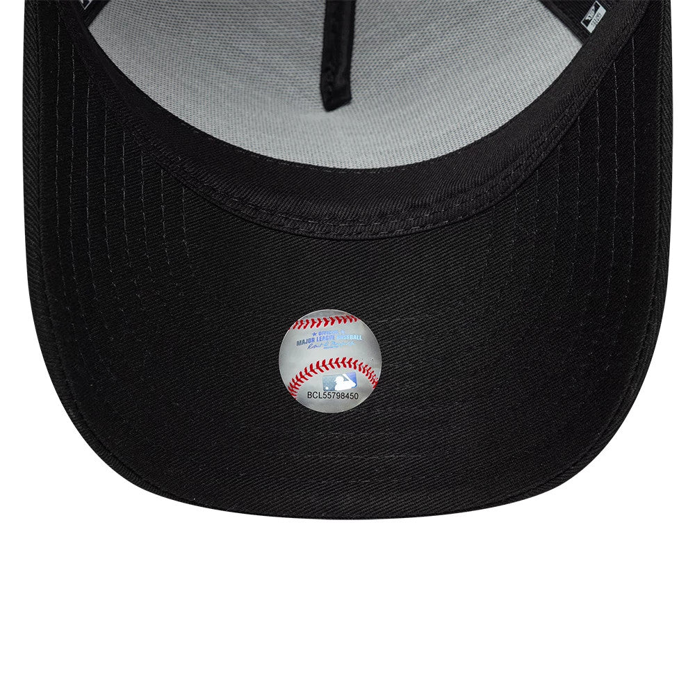Youth New Era Rubber Black 9FORTY E-Frame Adjustable Cap, inside view showing a grey undervisor with a small MLB baseball hologram sticker in the centre, black interior taping, and a contrasting light grey sweatband.