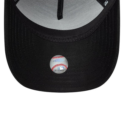 Youth New Era Rubber Black 9FORTY E-Frame Adjustable Cap, inside view showing a grey undervisor with a small MLB baseball hologram sticker in the centre, black interior taping, and a contrasting light grey sweatband.