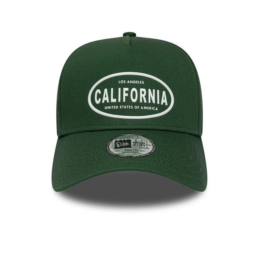 Youth New Era Rubber Dark Green 9FORTY E-Frame Adjustable Cap, front view showing the large California logo in white and green on the front panel, with a matching green curved visor and a 9FORTY size sticker on the top.