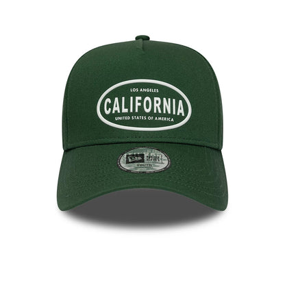 Youth New Era Rubber Dark Green 9FORTY E-Frame Adjustable Cap, front view showing the large California logo in white and green on the front panel, with a matching green curved visor and a 9FORTY size sticker on the top.
