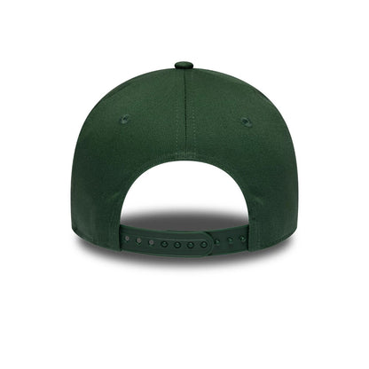 Youth New Era Rubber Dark Green 9FORTY E-Frame Adjustable Cap, rear view showing the adjustable snap closure with evenly spaced holes, the dark green structured crown without logos, and matching embroidered eyelets on each panel.