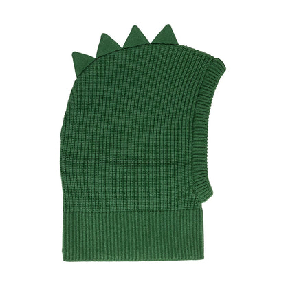 Child New Era Dino Dark Green Balaclava Hat, side view showing a ribbed texture fabric with dinosaur spikes running along the top, designed with an extended neck covering for warmth and a snug fit.