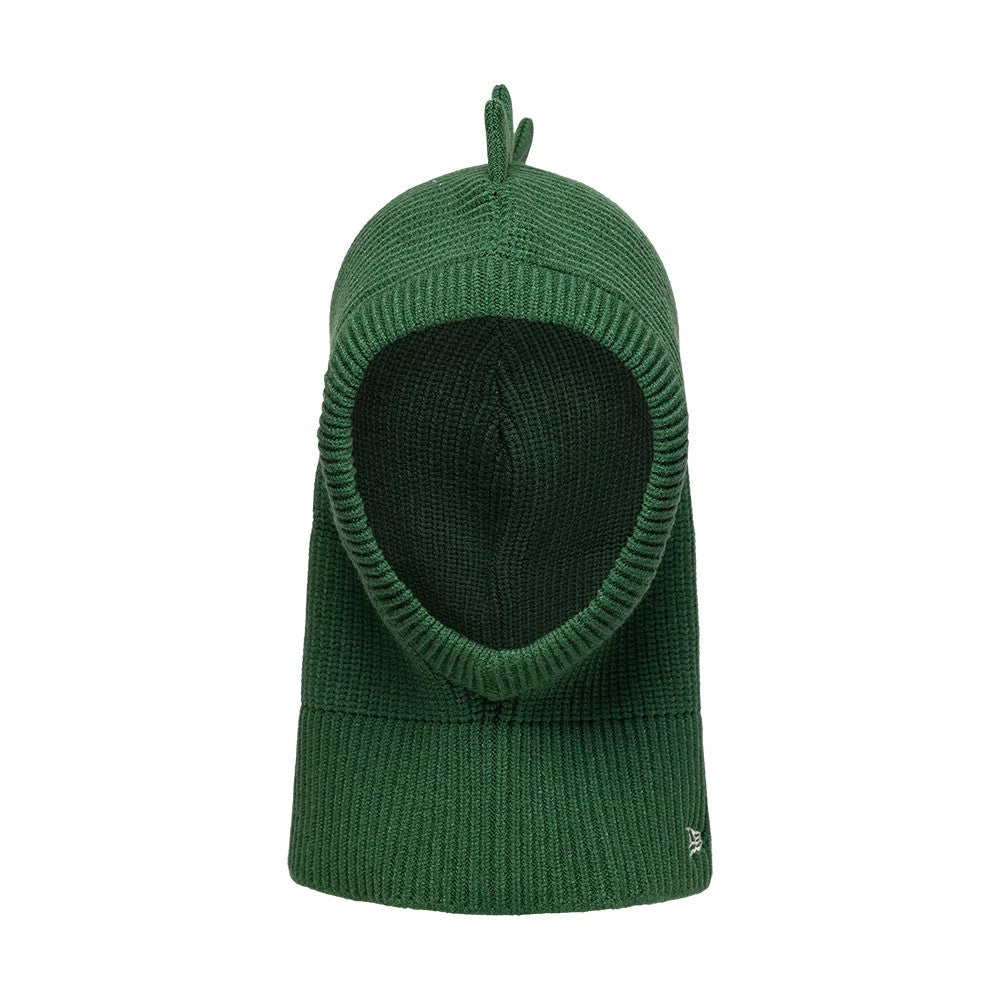 Child New Era Dino Dark Green Balaclava Hat, front view showing the ribbed knit texture with a small top crest resembling dinosaur spikes and the New Era flag logo embroidered on the lower left side.