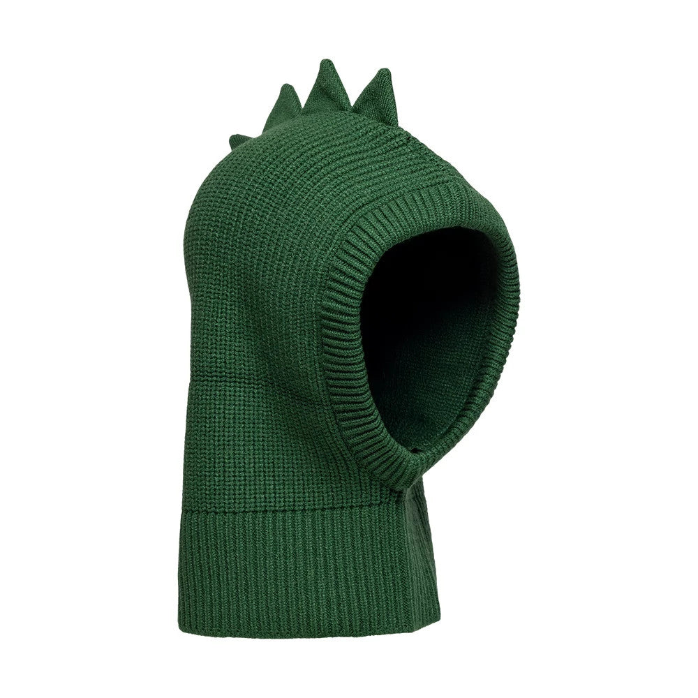 Child New Era Dino Dark Green Balaclava Hat, side view showing the textured green knit fabric with three jagged spikes running along the top, a wide ribbed edge around the face opening, and an extended ribbed lower section for added warmth.