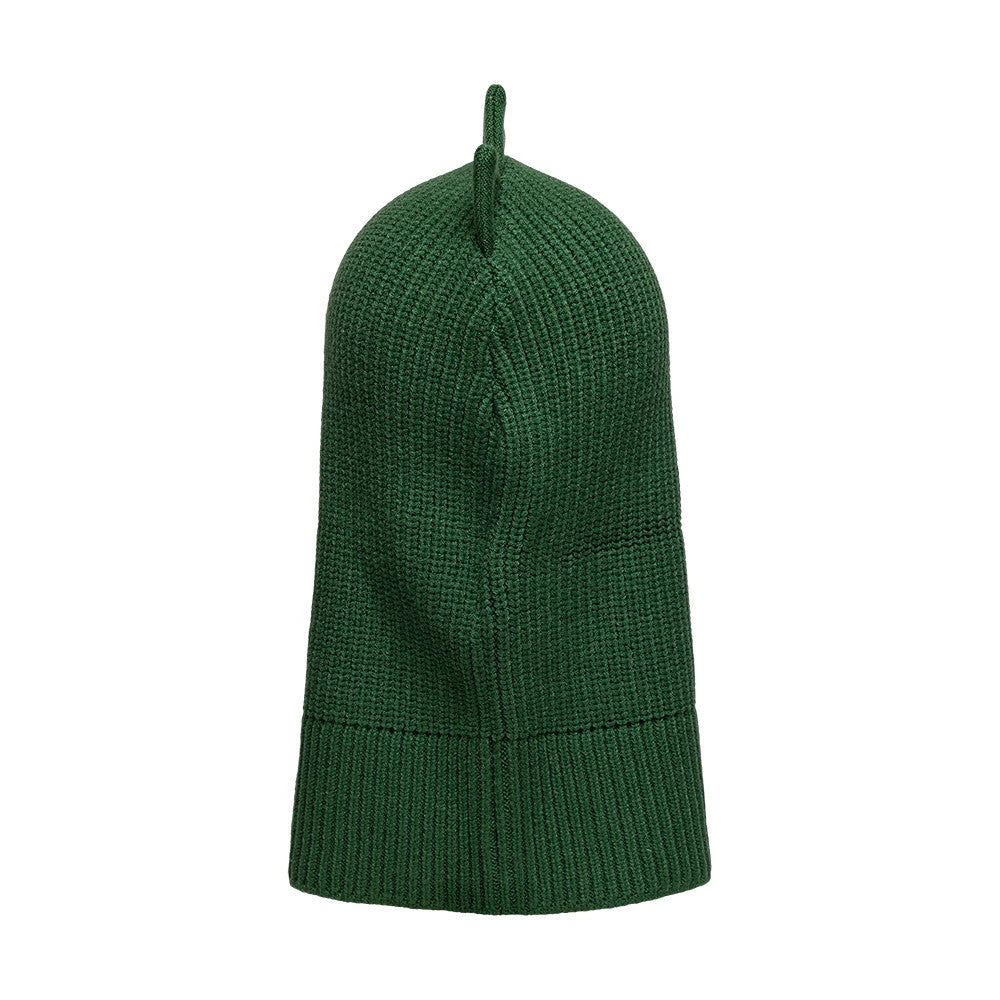 Child New Era Dino Dark Green Balaclava Hat, rear view showing a ribbed knit texture with a pointed top design and a wide, flexible base hem, all presented in a solid dark green hue for a warm and cosy fit.