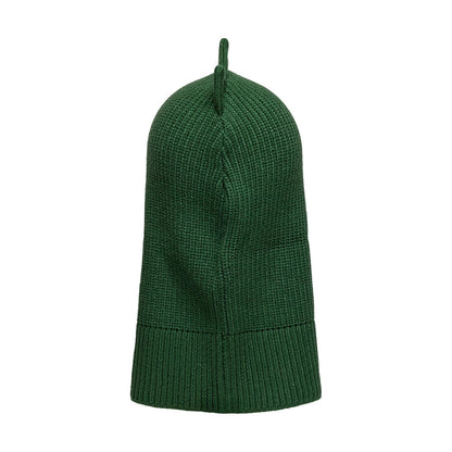 Child New Era Dino Dark Green Balaclava Hat, rear view showing a ribbed knit texture with a pointed top design and a wide, flexible base hem, all presented in a solid dark green hue for a warm and cosy fit.