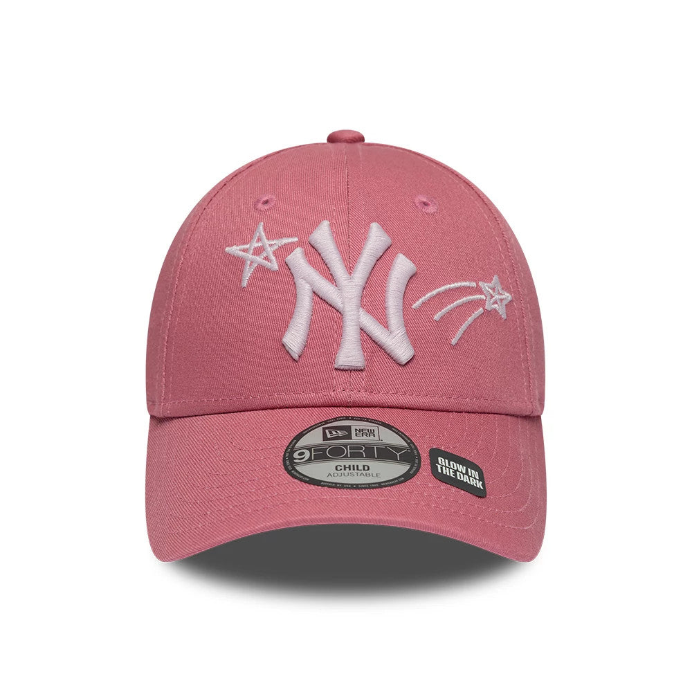 Pictured is this Child MLB Space Glow In The Dark New York Yankees 9FORTY cap in pink. 2