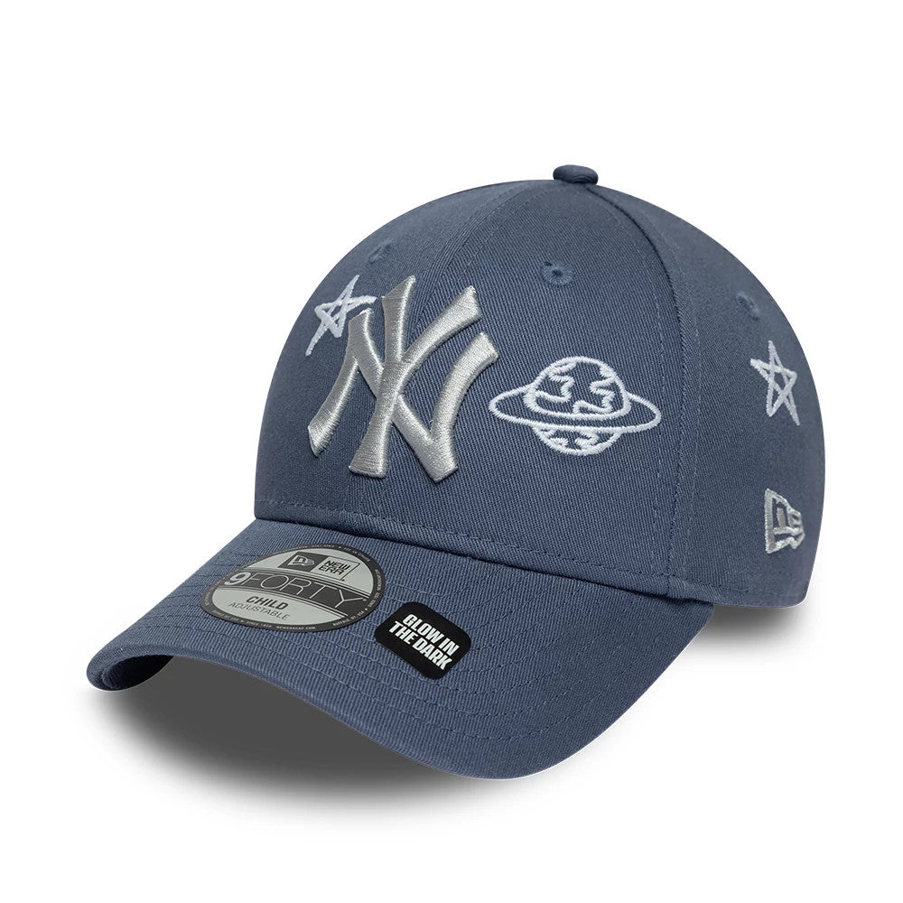 Yankees Child MLB Space Glow In The Dark Blue New Era 9FORTY Adjustable Cap, front view showing a silver raised embroidered NY logo on the front panel, surrounded by white space-themed graphics, with a curved visor and 9FORTY size sticker.
